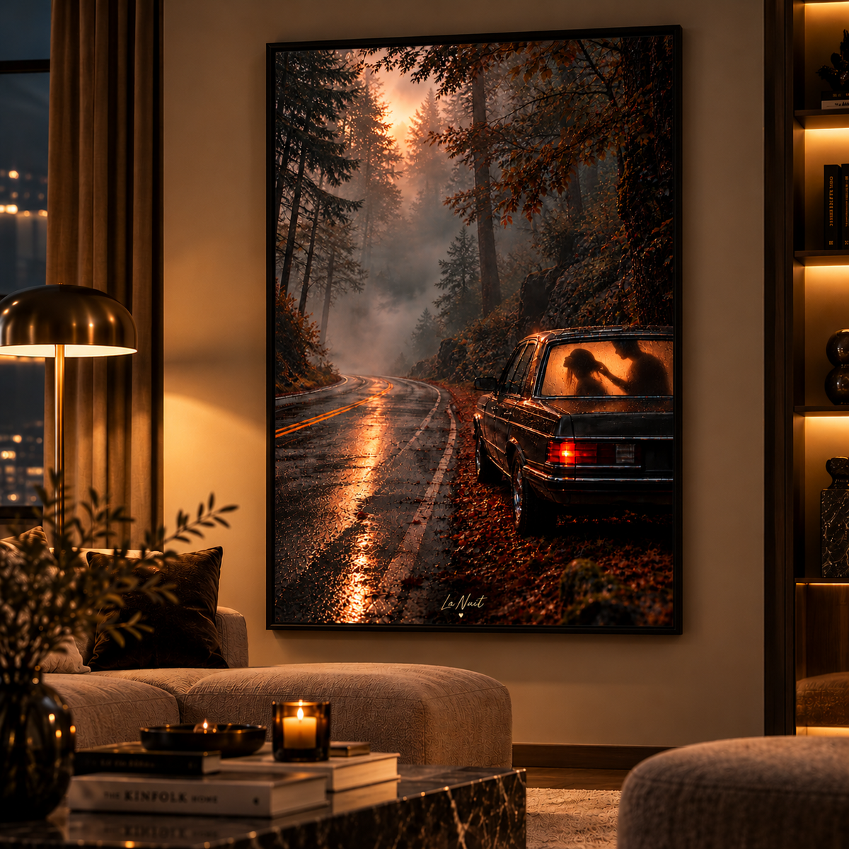 The Long Way Home by La Nuit, forest road and car artwork displayed in an evening lounge