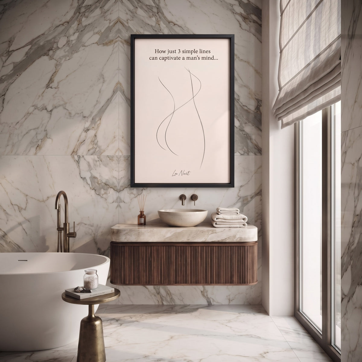 Three Lines framed fine-art print by La Nuit, shown in a bathroom