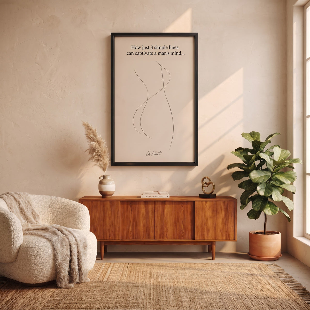 Three Lines framed fine-art print by La Nuit, shown in a living room