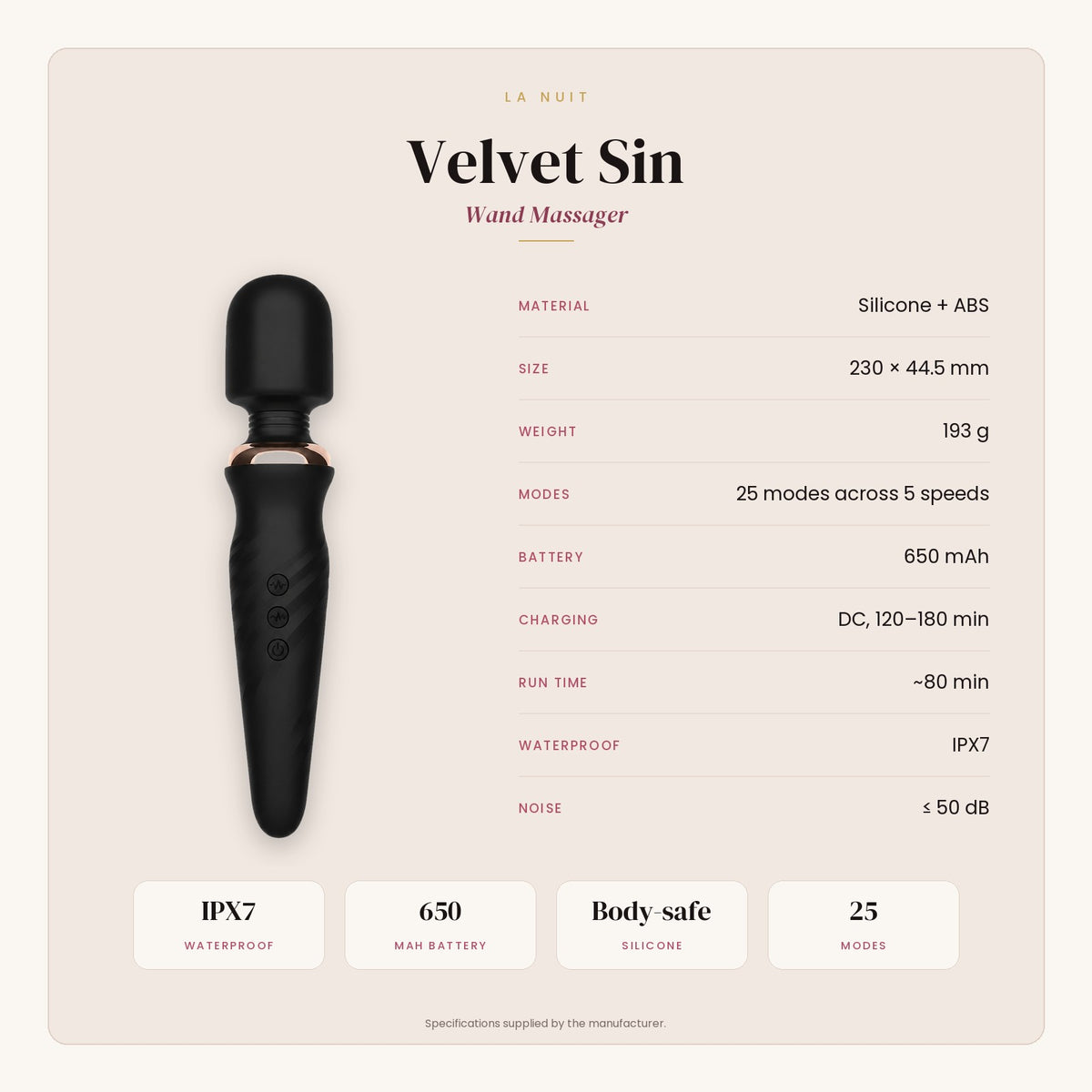 Velvet Sin specifications: material, size, weight, modes, battery, charging, run time, waterproof rating and noise