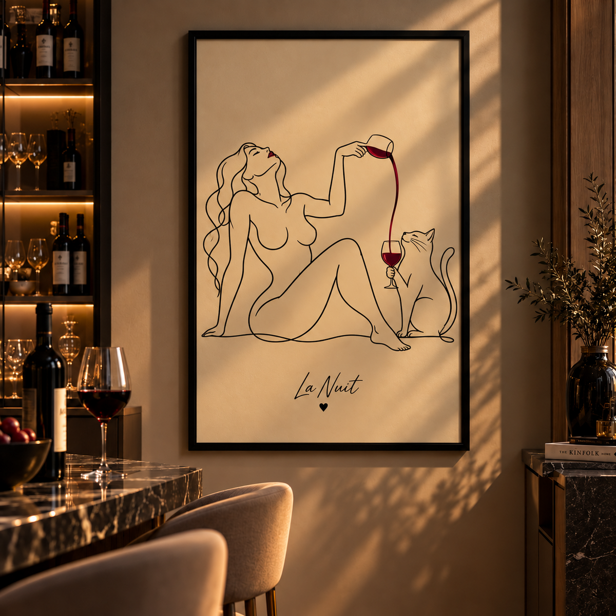 Wine & Whiskers by La Nuit displayed beside a home bar
