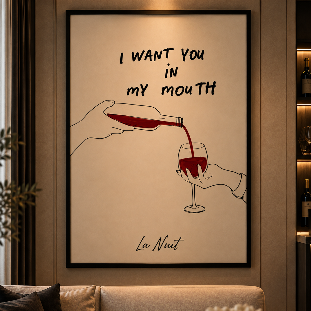Wine Bar: monochrome line-art print of a wine bar scene, framed by La Nuit