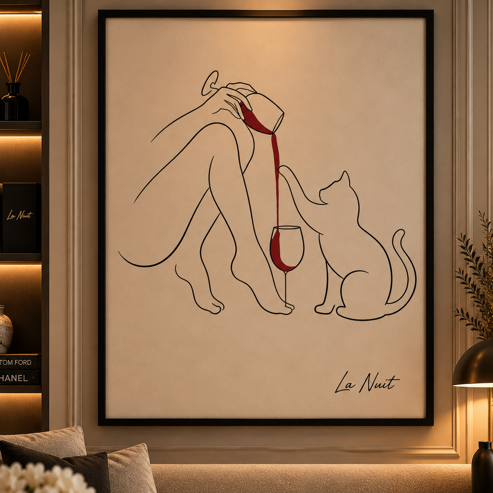 Wine Cat: monochrome line-art print of a cat with a wine glass, framed by La Nuit